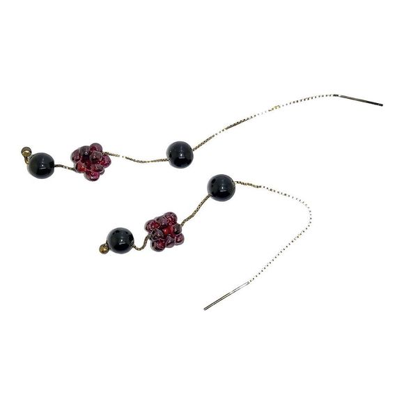 925 Sterling Silver Round Onyx and Garnet Beaded Pierced Ear Threaders Earrings - Picture 5 of 5